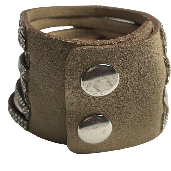 Wide Leather Cuff Bracelet Rhinestones Double Snap Closure Adjustable Fit u Fash - Picture 5 of 5